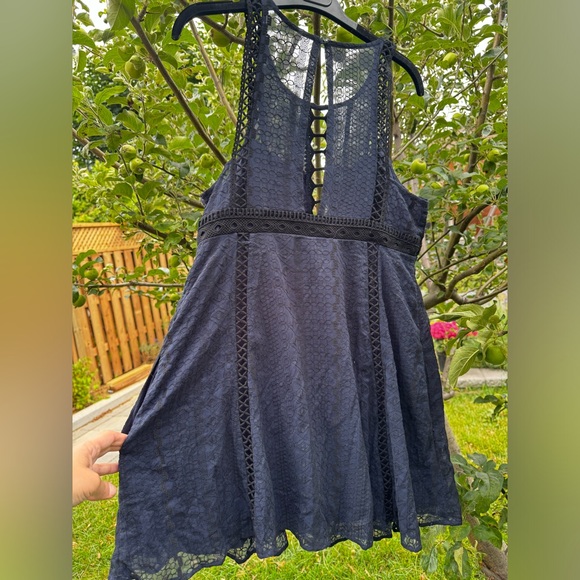 FREE PEOPLE Wherever You Go Black Navy Crochet & Lace Mini Tunic Dress, Sz 12 - Picture 12 of 16